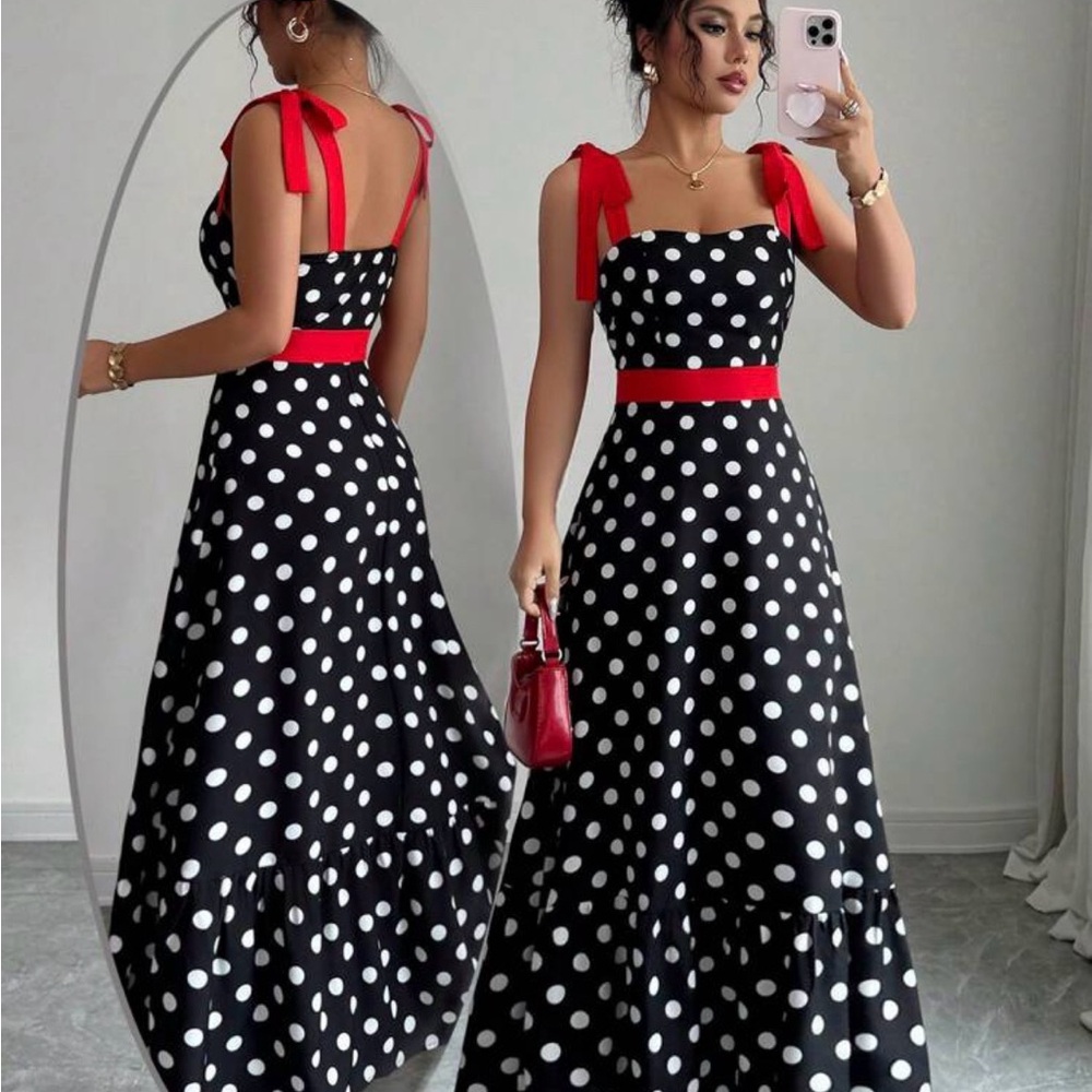NWT SHEIN Black & White Polka Dot Maxi Dress with Red Ties